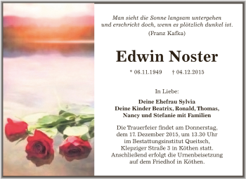 Traueranzeige von Edwin Noster von WVG - Wochenspiegel Dessau / Köthen