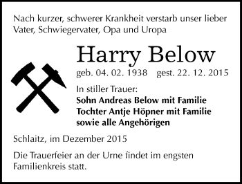 Traueranzeige von Harry Below von Mitteldeutsche Zeitung Bitterfeld