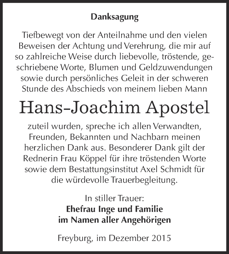  Traueranzeige für Hans-Joachim Apostel vom 16.12.2015 aus WVG - Wochenspiegel NMB / WSF / ZTZ