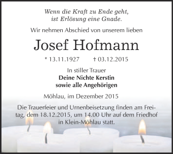 Traueranzeige von Josef Hofmann von WVG - Wochenspiegel Wittenberg