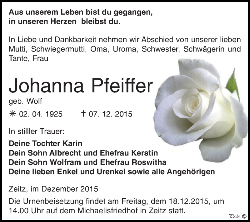  Traueranzeige für Johanna Pfeiffer vom 12.12.2015 aus Super Sonntag Zeitz