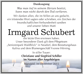 Traueranzeige von Irmgard Schubert von Super Sonntag SGH Mansf. Land