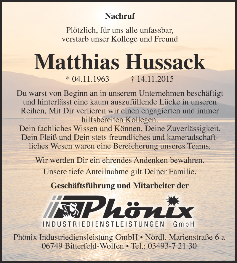  Traueranzeige für Matthias Hussack vom 12.12.2015 aus Super Sonntag Dessau / Köthen