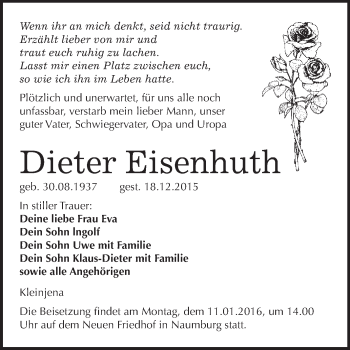 Traueranzeige von Dieter Eisenhuth von WVG - Wochenspiegel NMB / WSF / ZTZ