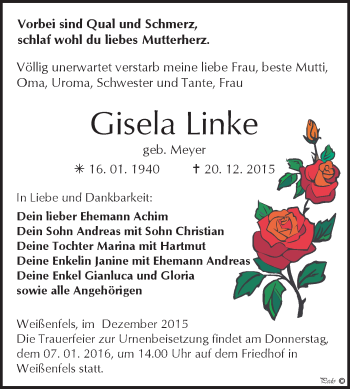 Traueranzeige von Gisela Linke von WVG - Wochenspiegel NMB / WSF / ZTZ