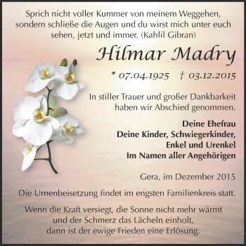 Traueranzeige von Hilmar Madry von Super Sonntag Zeitz