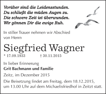 Traueranzeige von Siegfried Wagner von Super Sonntag Zeitz