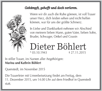 Traueranzeige von Dieter Böhlert von Super Sonntag SGH Mansf. Land
