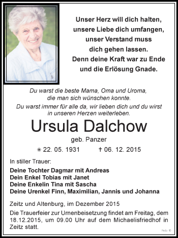 Traueranzeige von Ursula Dalchow von Super Sonntag Zeitz
