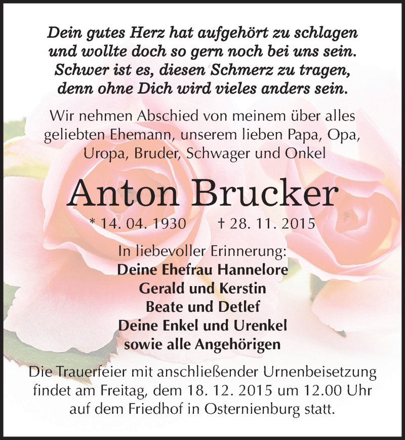  Traueranzeige für Anton Brucker vom 05.12.2015 aus Mitteldeutsche Zeitung Köthen
