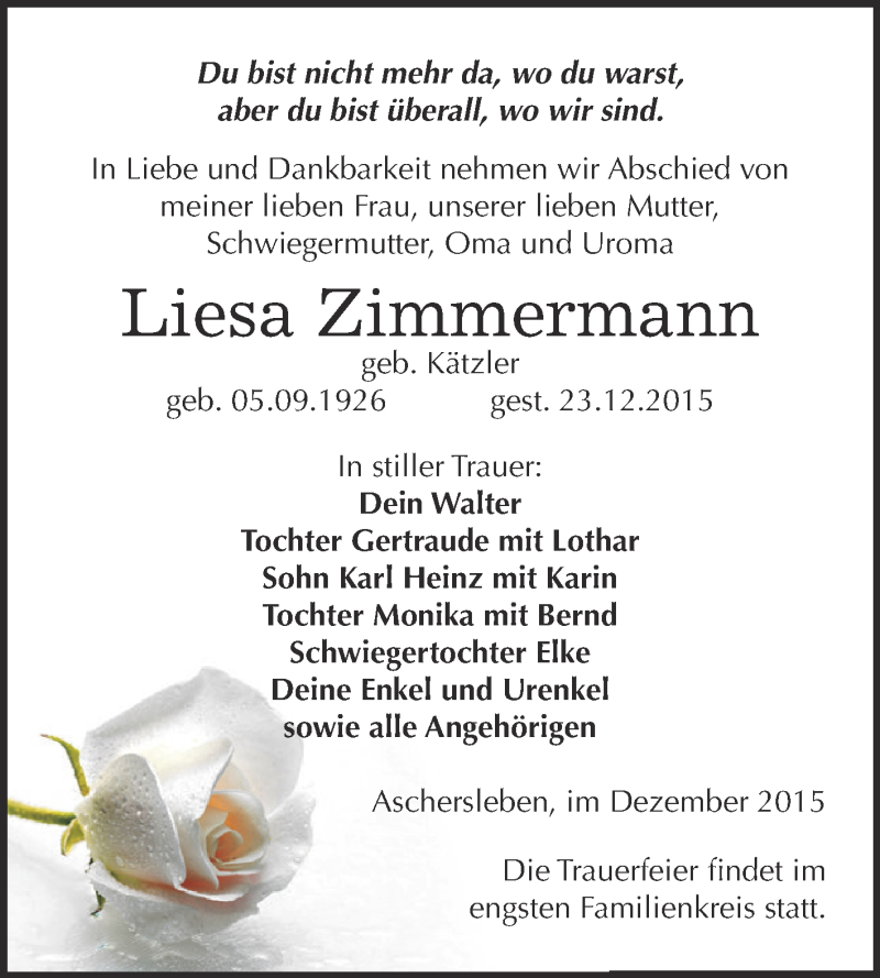  Traueranzeige für Liesa Zimmermann vom 30.12.2015 aus Super Sonntag Aschersleben
