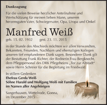 Traueranzeige von Manfred Weiß von Mitteldeutsche Zeitung Sangerhausen