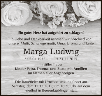 Traueranzeige von Marga Ludwig von Super Sonntag Bernburg