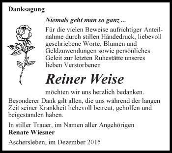 Traueranzeige von Reiner Weise von Super Sonntag Aschersleben