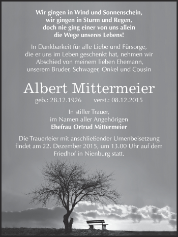 Traueranzeige von Albert Mittermeier von Super Sonntag Bernburg