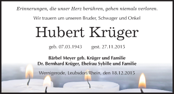 Traueranzeige von Hubert Krüger von Mitteldeutsche Zeitung Dessau-Roßlau
