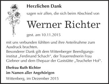 Traueranzeige von Werner Richter von WVG - Wochenspiegel Wittenberg