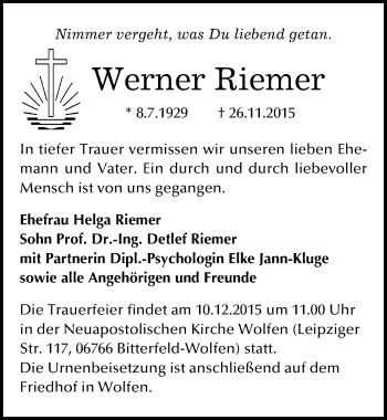 Traueranzeige von Werner Riemer von Mitteldeutsche Zeitung Bitterfeld