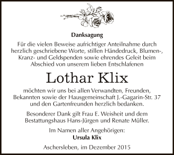 Traueranzeige von Lothar Klix von Super Sonntag Aschersleben