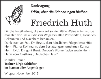 Traueranzeige von Friedrich Huth von Wochenspiegel Mansfelder Land