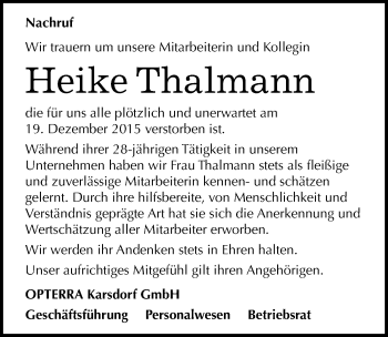 Traueranzeige von Heike Thalmann von Mitteldeutsche Zeitung Naumburg/Nebra