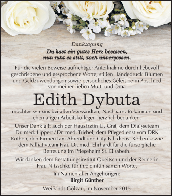 Traueranzeige von Edith Dybuta von Mitteldeutsche Zeitung Köthen