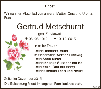 Traueranzeige von Gertrud Metschurat von Super Sonntag Zeitz