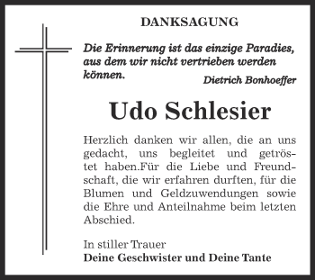 Traueranzeige von Udo Schlesier von Super Sonntag Zeitz