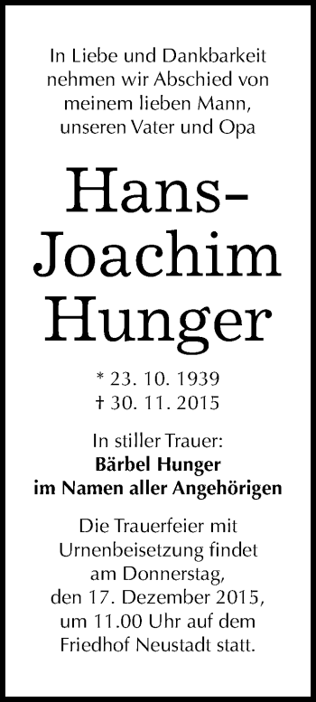 Traueranzeige von Hans-Joachim Hunger von Mitteldeutsche Zeitung Halle/Saalkreis
