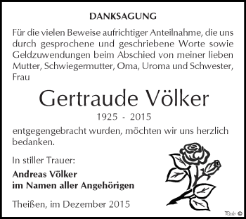 Traueranzeige von Gertraude Völker von Super Sonntag Zeitz