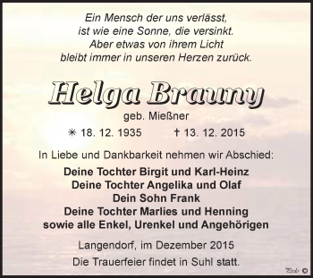 Traueranzeige von Helga Brauny von WVG - Wochenspiegel NMB / WSF / ZTZ