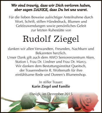 Traueranzeige von Rudolf Ziegel von WVG - Wochenspiegel Dessau / Köthen