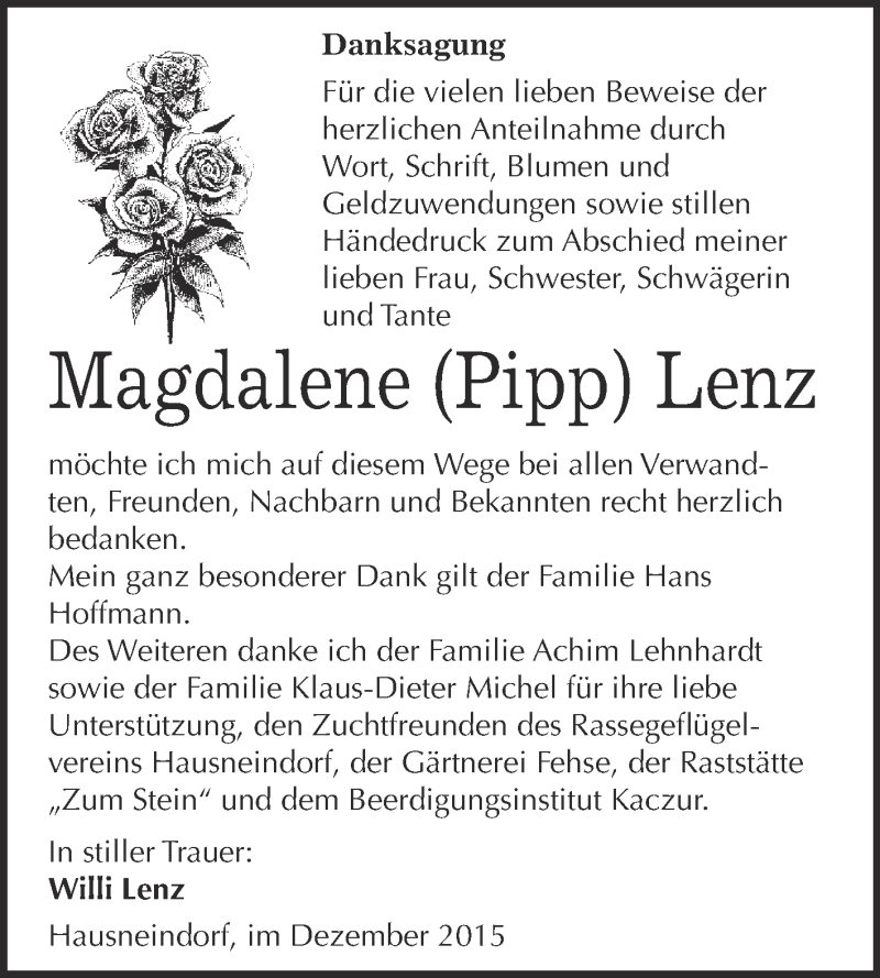  Traueranzeige für Magdalene Lenz vom 30.12.2015 aus WVG - Wochenspiegel Quedlinburg