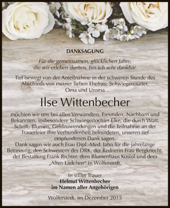 Traueranzeige von Ilse Wittenbecher von WVG - Wochenspiegel SGH