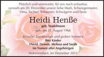 Traueranzeige von Heidi Henße von WVG - Wochenspiegel NMB / WSF / ZTZ