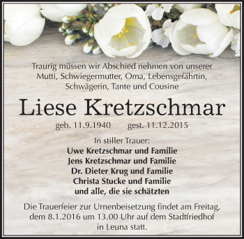 Traueranzeige von Liese Kretzschmar von Mitteldeutsche Zeitung Merseburg/Querfurt