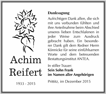 Traueranzeige von Achim Reifert von WVG - Wochenspiegel NMB / WSF / ZTZ
