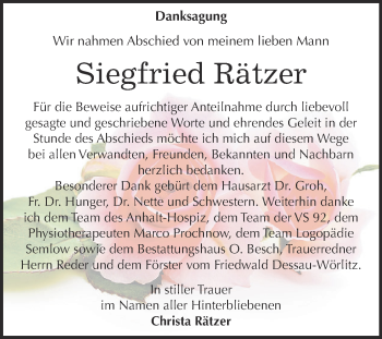 Traueranzeige von Siegfried Rätzer von WVG - Wochenspiegel Dessau / Köthen