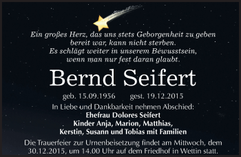 Traueranzeige von Bernd Seifert von Mitteldeutsche Zeitung Halle/Saalkreis