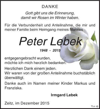 Traueranzeige von Peter Lebek von Mitteldeutsche Zeitung Zeitz