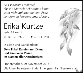 Traueranzeige von Erika Kurtze von WVG - Wochenspiegel NMB / WSF / ZTZ