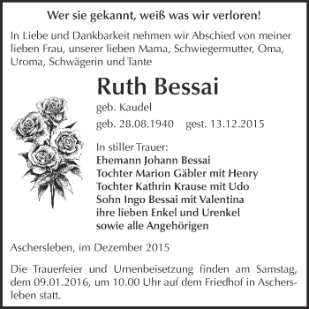 Traueranzeige von Ruth Bessai von Super Sonntag Aschersleben