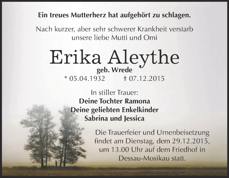  Traueranzeige für Erika Aleythe vom 19.12.2015 aus WVG - Wochenspiegel Dessau / Köthen