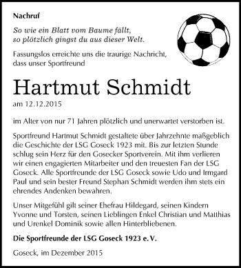 Traueranzeige von Hartmut Schmidt von WVG - Wochenspiegel NMB / WSF / ZTZ