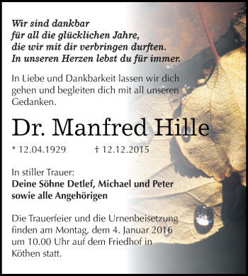 Traueranzeige von Manfred Hille von WVG - Wochenspiegel Dessau / Köthen