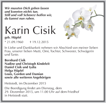 Traueranzeige von Karin Cisik von Mitteldeutsche Zeitung Mansfelder Land