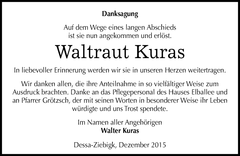  Traueranzeige für Waltraut Kuras vom 28.12.2015 aus Mitteldeutsche Zeitung Dessau-Roßlau