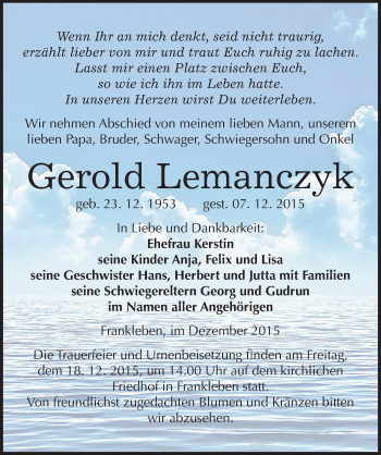 Traueranzeige von Gerold Lemanczyk von Mitteldeutsche Zeitung Merseburg/Querfurt