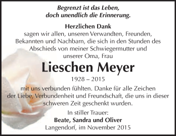 Traueranzeige von Lieschen Meyer von WVG - Wochenspiegel NMB / WSF / ZTZ