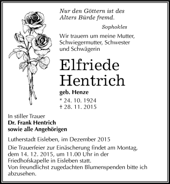Traueranzeige von Elfriede Hentrich von Mitteldeutsche Zeitung Mansfelder Land